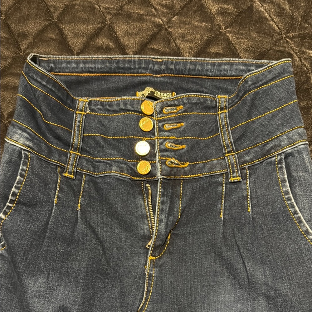 Versace Blue High Rise Jeans with Vintage Detailing